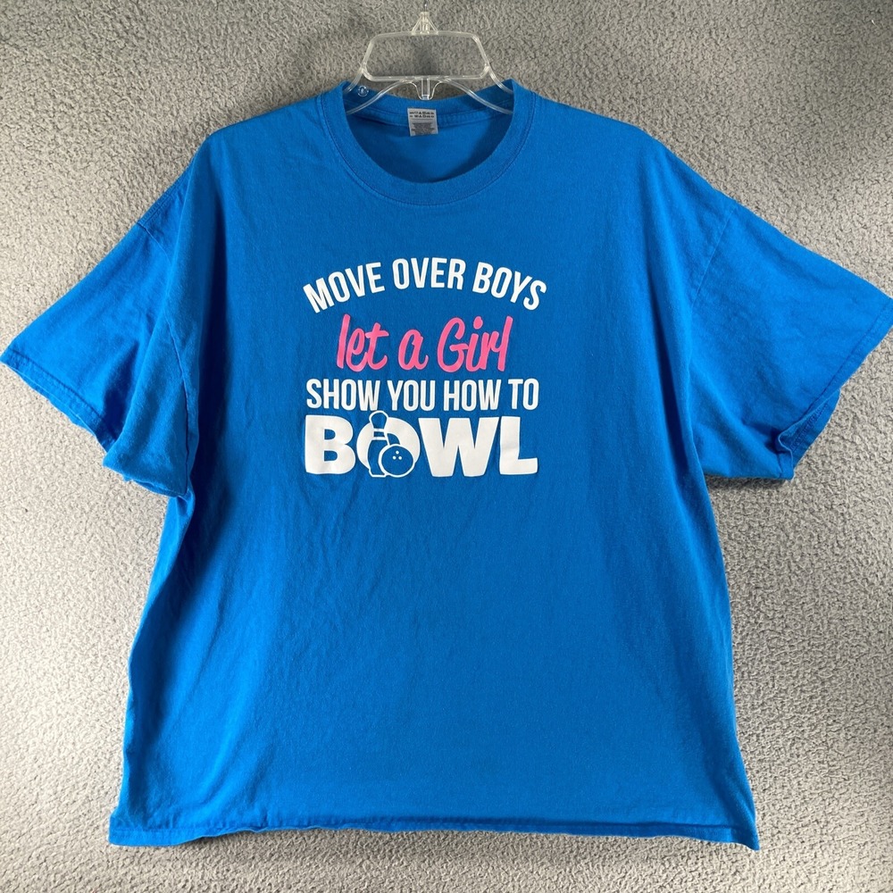 Let A Girl Show You How To Bowl Graphic T Shirt Women 2XL Blue Bowling Funny Tee